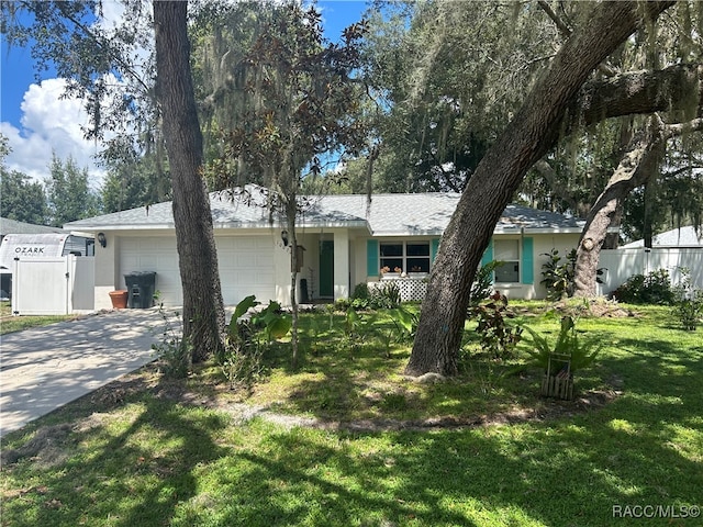 single story home featuring a garage and a front lawn