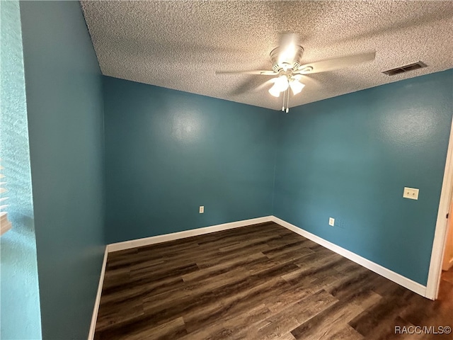 unfurnished room with wood-type flooring, a textured ceiling, and ceiling fan