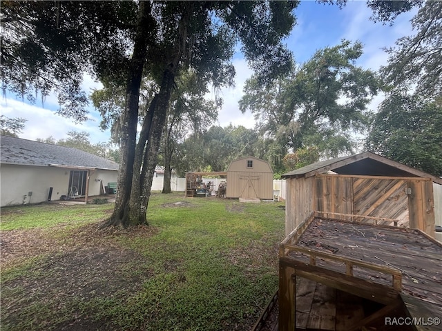 view of yard featuring a storage shed