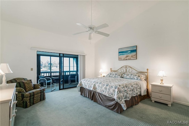 carpeted bedroom with access to outside, ceiling fan, and high vaulted ceiling