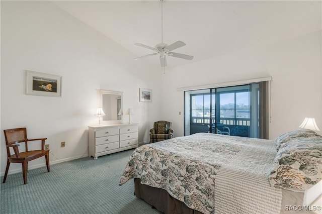 carpeted bedroom with access to exterior, ceiling fan, and high vaulted ceiling