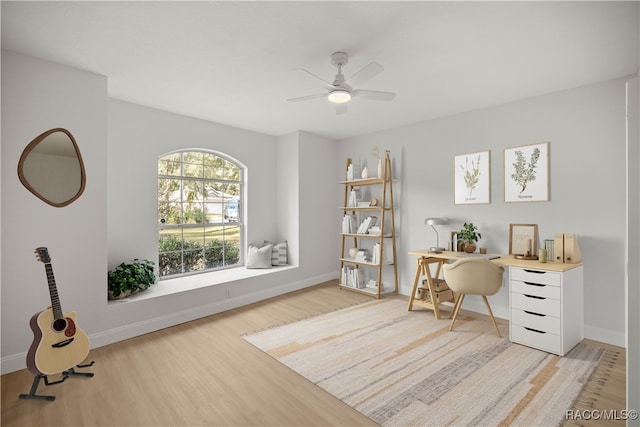 office with ceiling fan and light hardwood / wood-style flooring