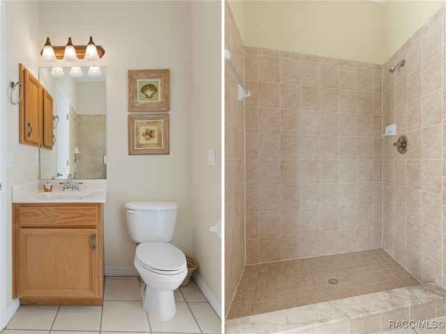 bathroom with tile patterned flooring, a tile shower, vanity, and toilet