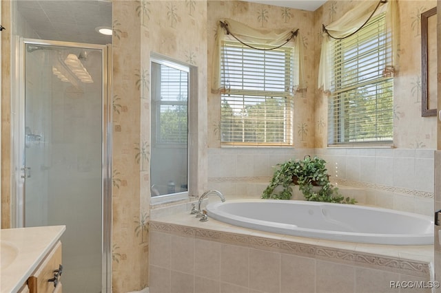 bathroom featuring vanity and separate shower and tub