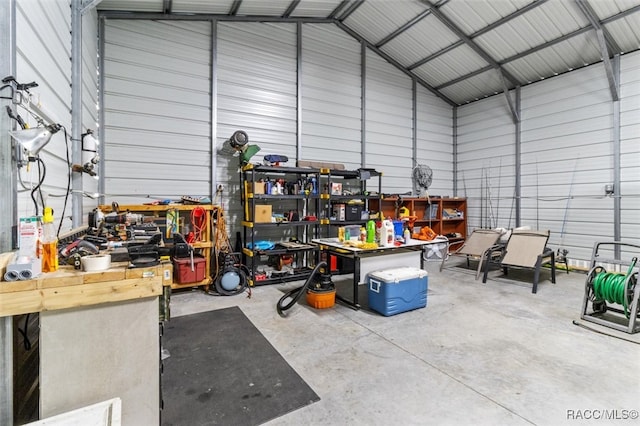 garage with a workshop area