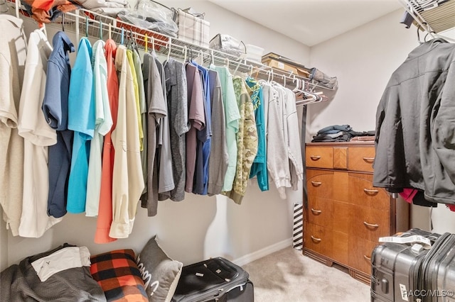 walk in closet with light carpet