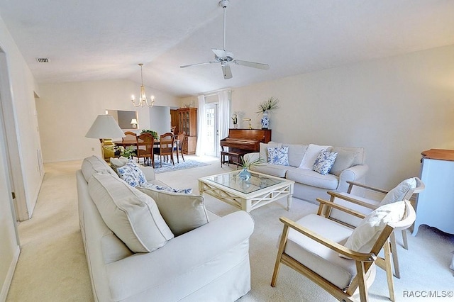 living area with light carpet, baseboards, visible vents, vaulted ceiling, and ceiling fan with notable chandelier