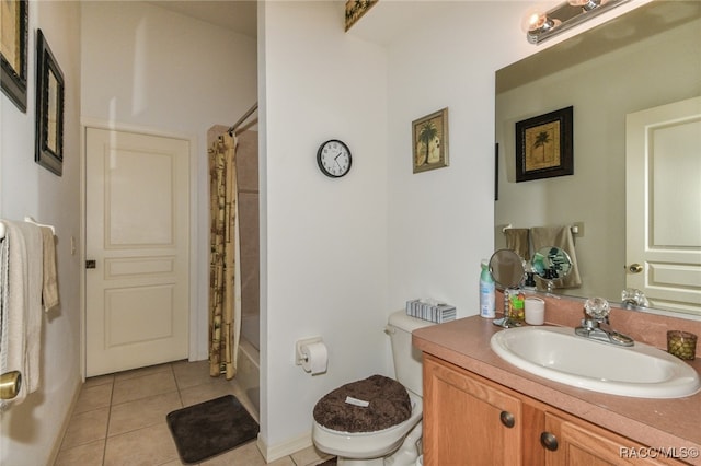 full bathroom featuring tile patterned flooring, vanity, toilet, and shower / tub combo with curtain