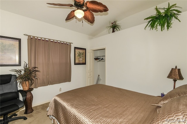 bedroom featuring ceiling fan, light colored carpet, and vaulted ceiling