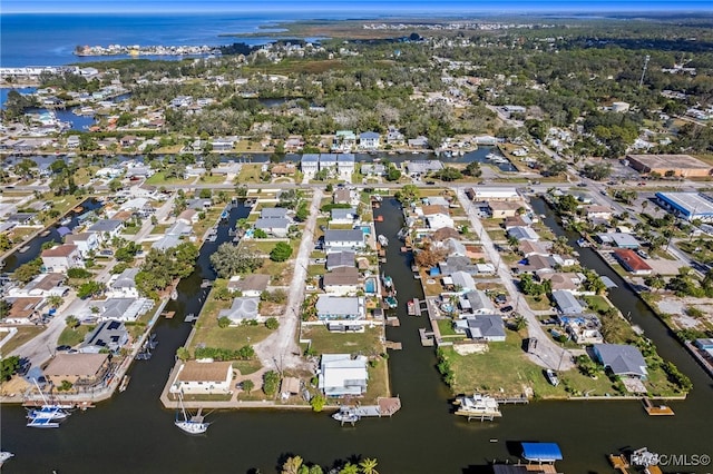 bird's eye view with a water view