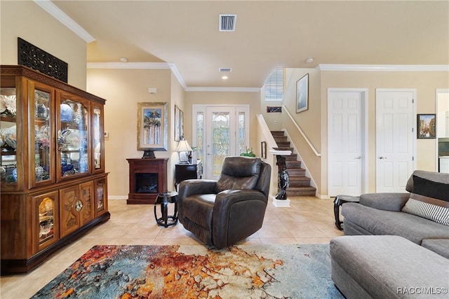 tiled living room with ornamental molding