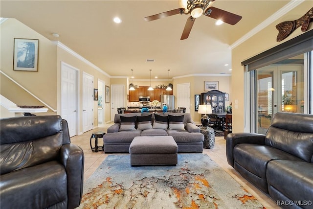 living room with french doors, light tile patterned flooring, ceiling fan, and ornamental molding