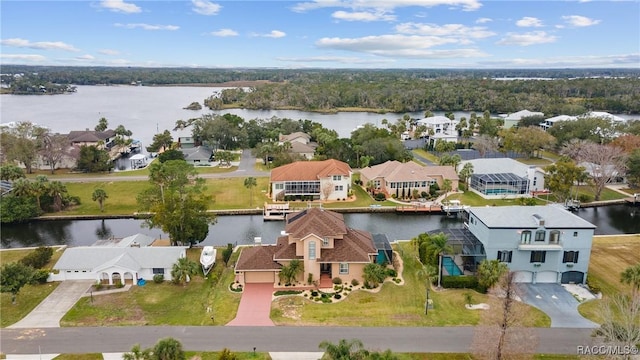 bird's eye view with a water view