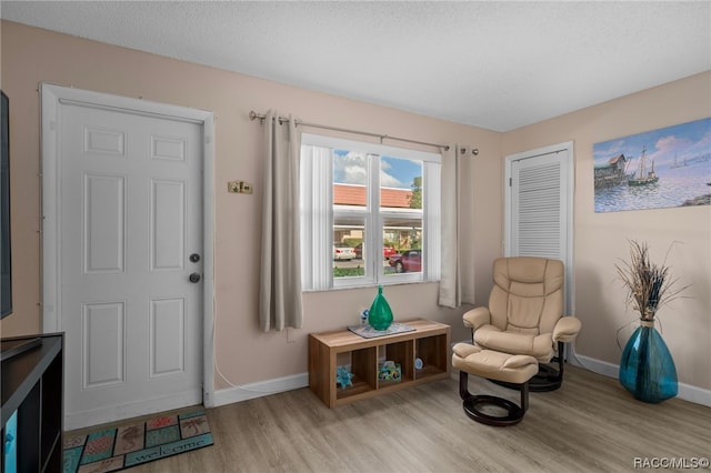 living area featuring light hardwood / wood-style floors and a textured ceiling