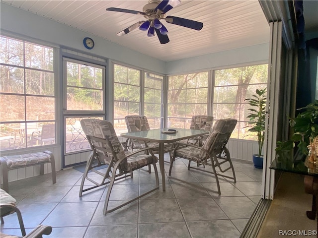 sunroom / solarium featuring ceiling fan, a healthy amount of sunlight, and wood ceiling