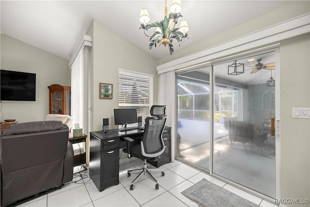 2 Nancy Pkwy, Yankeetown, FL 34498 - office featuring lofted ceiling, a chandelier, a ceiling fan, and light tile patterned floors