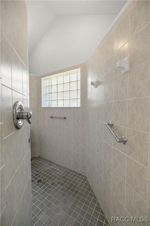 2 Nancy Pkwy, Yankeetown, FL 34498 - full bathroom featuring a tile shower, lofted ceiling, and tile patterned floors