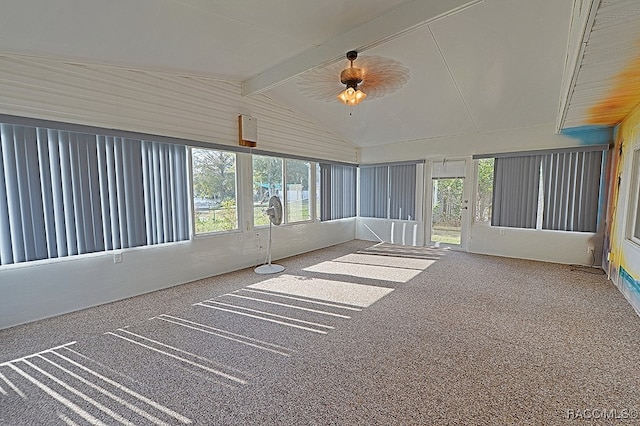 unfurnished sunroom with vaulted ceiling with beams and ceiling fan