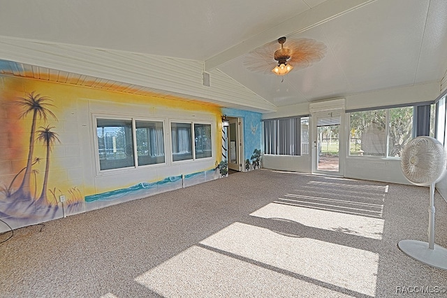 unfurnished sunroom featuring vaulted ceiling with beams and ceiling fan