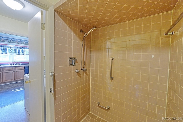 bathroom with tiled shower and sink