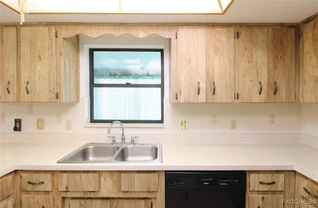 kitchen featuring decorative backsplash, dishwasher, light countertops, light brown cabinetry, and a sink