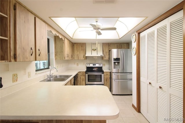 kitchen with stainless steel appliances, light countertops, decorative backsplash, a sink, and a peninsula