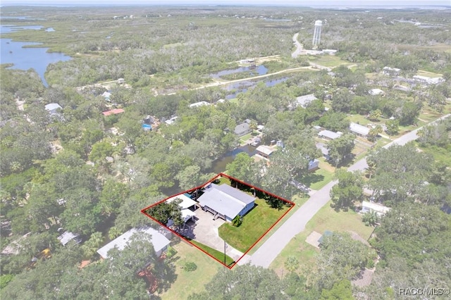 aerial view featuring a water view