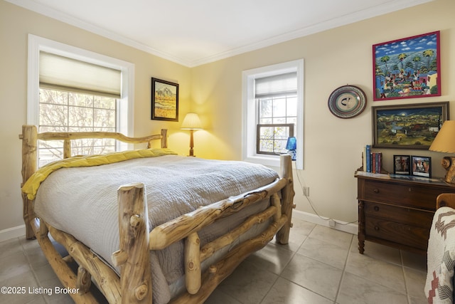 bedroom featuring crown molding and light tile patterned flooring