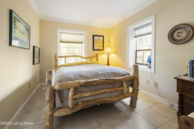 bedroom with multiple windows, ornamental molding, and light tile patterned floors