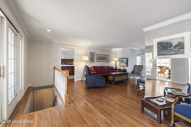 living room featuring hardwood / wood-style floors and ornamental molding