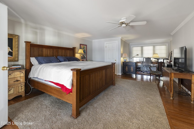 bedroom with ornamental molding and dark wood-type flooring