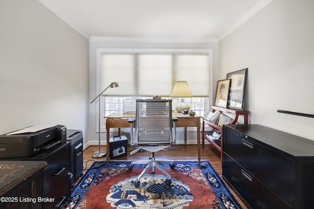 home office featuring crown molding and wood-type flooring