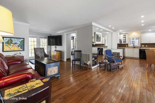 living room with sink, wood-type flooring, and ornamental molding