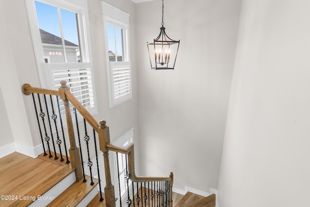 staircase featuring hardwood / wood-style floors and a notable chandelier