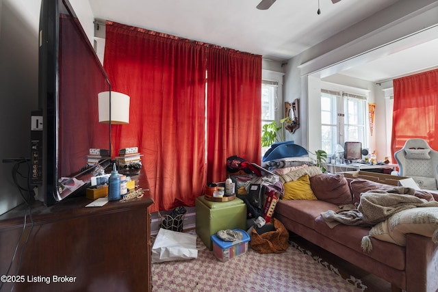 living area with a ceiling fan