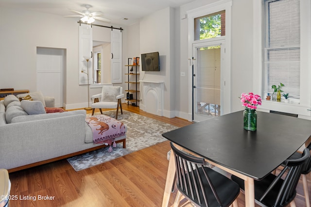 living room featuring hardwood / wood-style flooring and ceiling fan