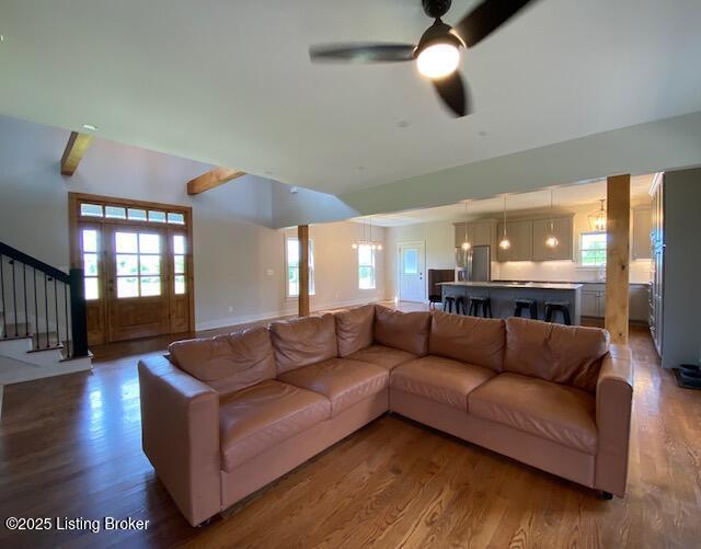 300 Sadie Ln, Bardstown, KY 40004 - living area featuring wood finished floors, stairway, plenty of natural light, and a ceiling fan