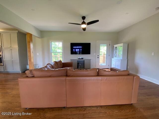 300 Sadie Ln, Bardstown, KY 40004 - living area with plenty of natural light, a ceiling fan, wood finished floors, and baseboards