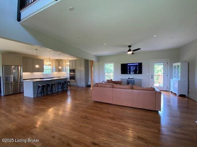 300 Sadie Ln, Bardstown, KY 40004 - living room with healthy amount of natural light, dark wood-style flooring, and a ceiling fan