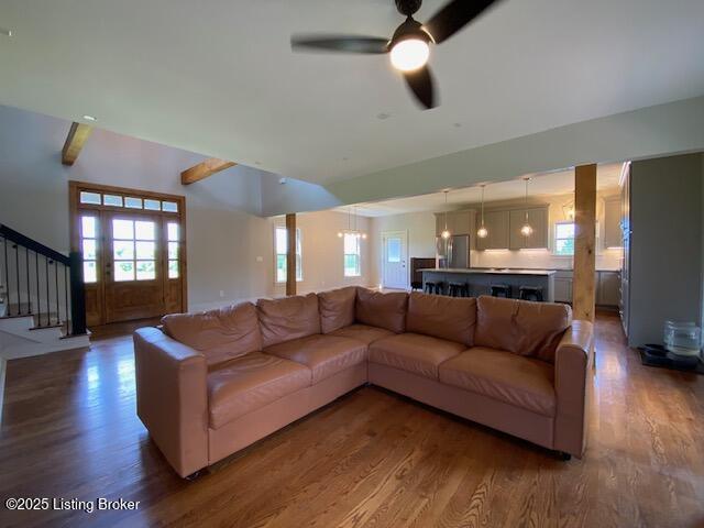 300 Sadie Ln, Bardstown, KY 40004 - living area featuring wood finished floors, stairway, and ceiling fan