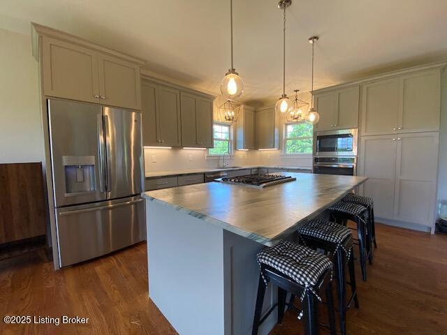 300 Sadie Ln, Bardstown, KY 40004 - kitchen with appliances with stainless steel finishes, dark wood-style floors, a center island, and hanging light fixtures