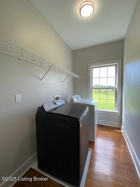 300 Sadie Ln, Bardstown, KY 40004 - washroom featuring washer and clothes dryer, baseboards, and dark wood-style flooring
