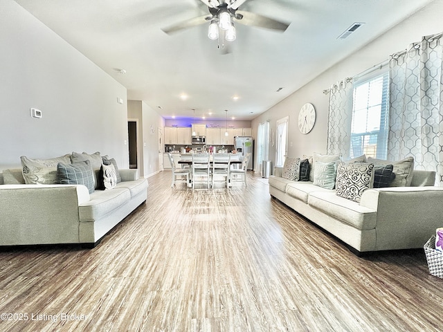 12023 Cascade Falls Trl, Louisville, KY 40229 - living area featuring a ceiling fan and light wood-style floors