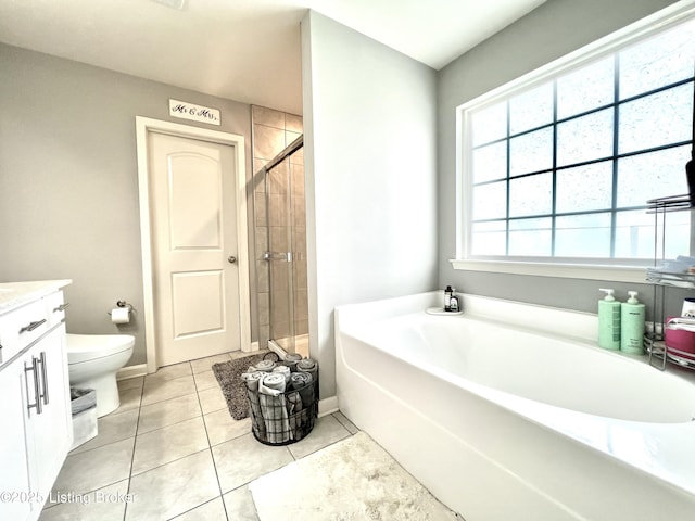 12023 Cascade Falls Trl, Louisville, KY 40229 - bathroom with a garden tub, a shower stall, vanity, and tile patterned floors