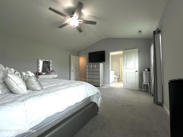 12023 Cascade Falls Trl, Louisville, KY 40229 - bedroom featuring vaulted ceiling, light carpet, ensuite bathroom, and a ceiling fan