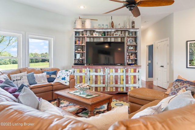 living room featuring ceiling fan and hardwood / wood-style flooring