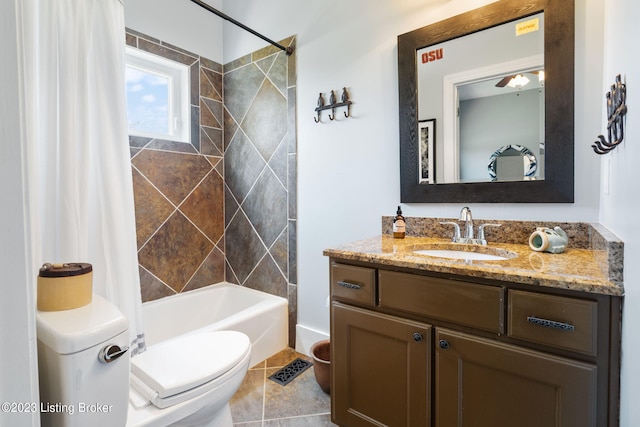 full bathroom with shower / bath combination with curtain, tile floors, large vanity, and toilet