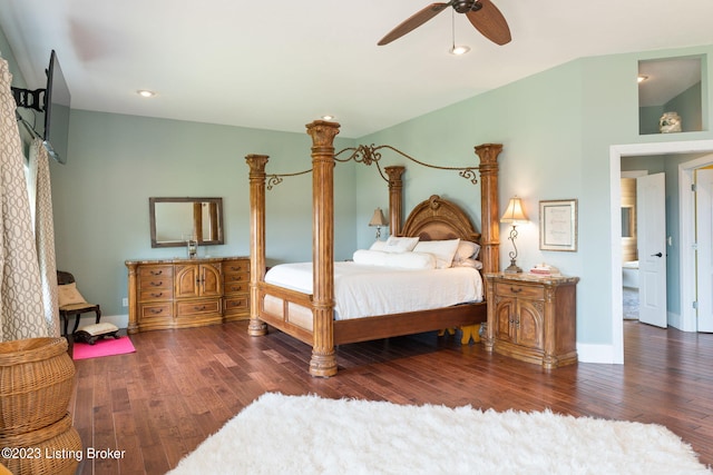 bedroom with ceiling fan and dark hardwood / wood-style flooring