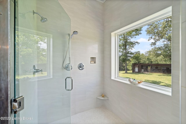 bathroom featuring a shower with door