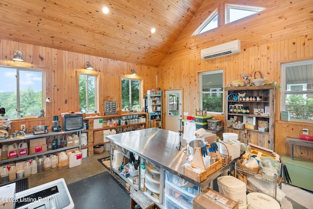 interior space with wood ceiling, high vaulted ceiling, wood walls, and a wall mounted air conditioner